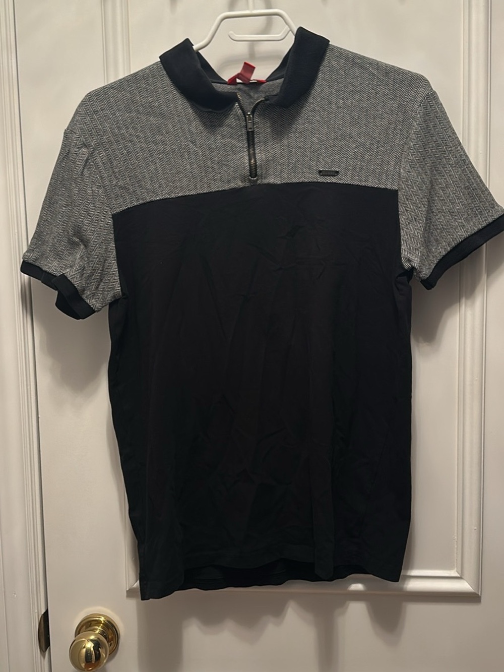 Men's Guess Short Sleeve Zip Polo Shirt - Black and Heather Gray